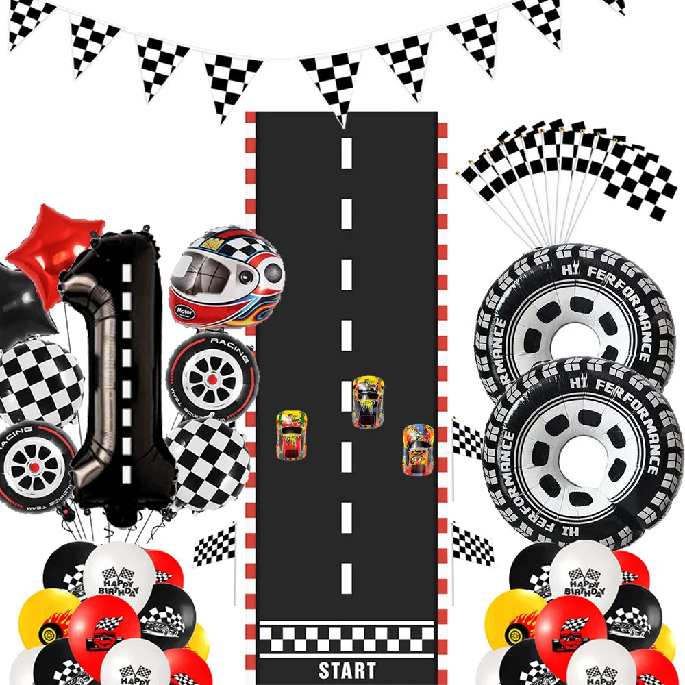 Race Car Theme Birthday Party Decoration Racetrack Black White Checkered Pennant Handhold Flag Foil Balloon Formula 1 Kids Favor