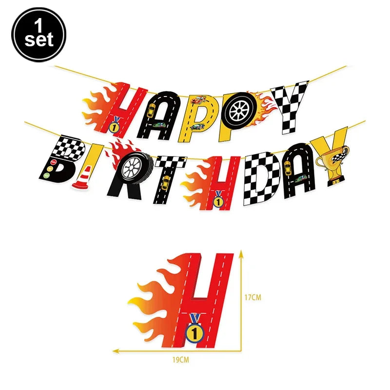 Race Car Theme Birthday Party Decoration Racetrack Black White Checkered Pennant Handhold Flag Foil Balloon Formula 1 Kids Favor