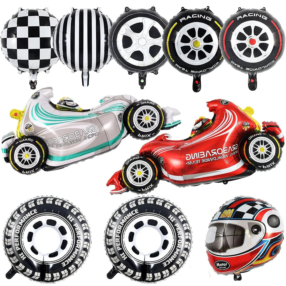 Race Car Theme Birthday Party Decoration Racetrack Black White Checkered Pennant Handhold Flag Foil Balloon Formula 1 Kids Favor