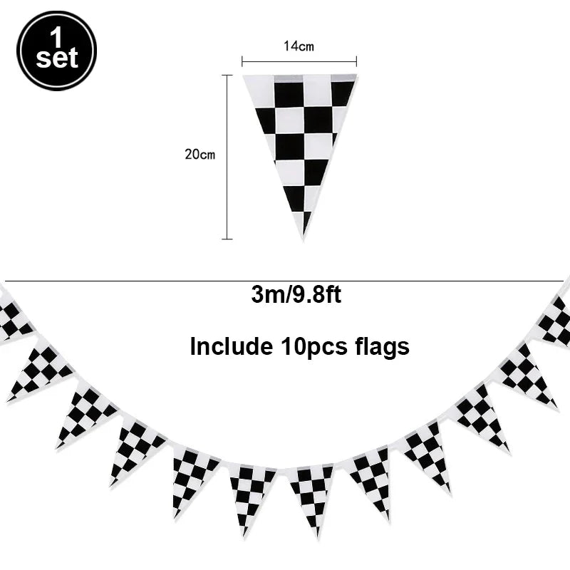 Race Car Theme Birthday Party Decoration Racetrack Black White Checkered Pennant Handhold Flag Foil Balloon Formula 1 Kids Favor