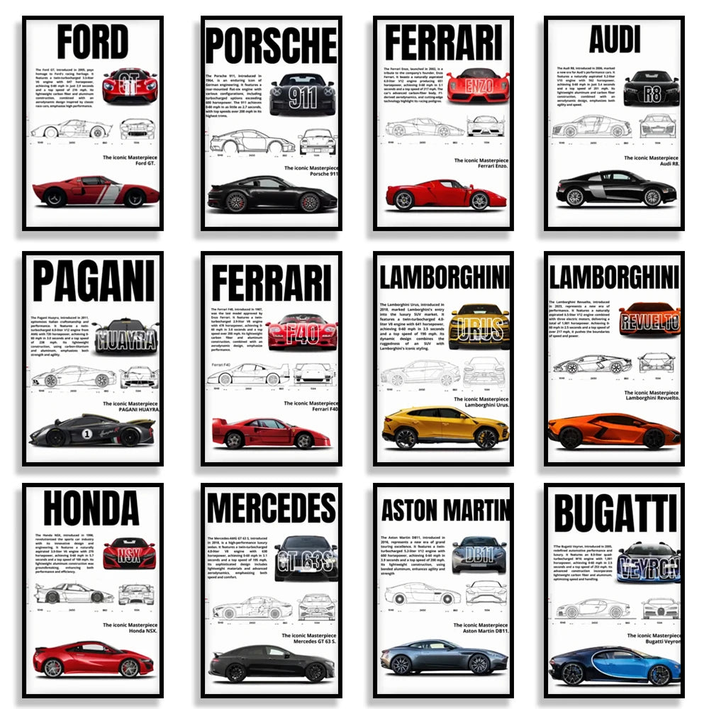 Complete Set of Famous Car 911 Canvas Poster DB11, F40, Wall Art Deco Mural Modern Home Bedroom Room Decoration Gift Unframed