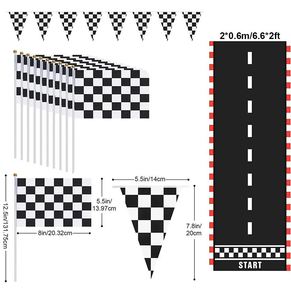 Race Car Theme Birthday Party Decoration Racetrack Black White Checkered Pennant Handhold Flag Foil Balloon Formula 1 Kids Favor