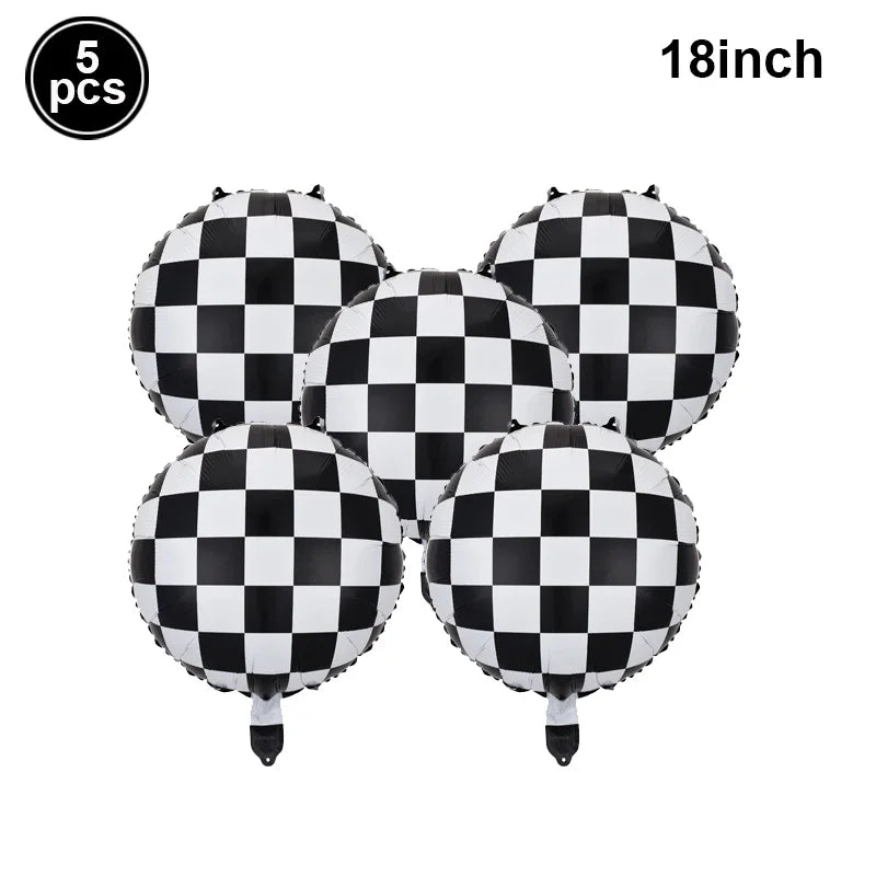 Race Car Theme Birthday Party Decoration Racetrack Black White Checkered Pennant Handhold Flag Foil Balloon Formula 1 Kids Favor