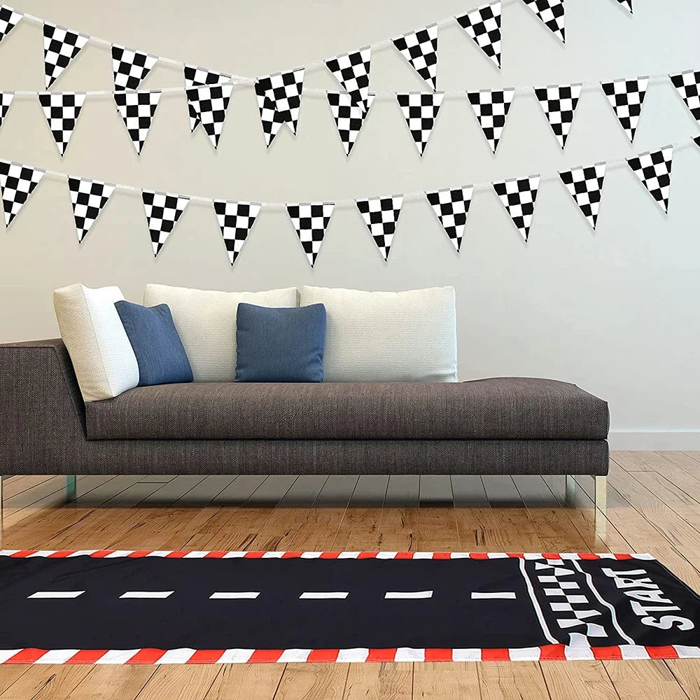 Race Car Theme Birthday Party Decoration Racetrack Black White Checkered Pennant Handhold Flag Foil Balloon Formula 1 Kids Favor